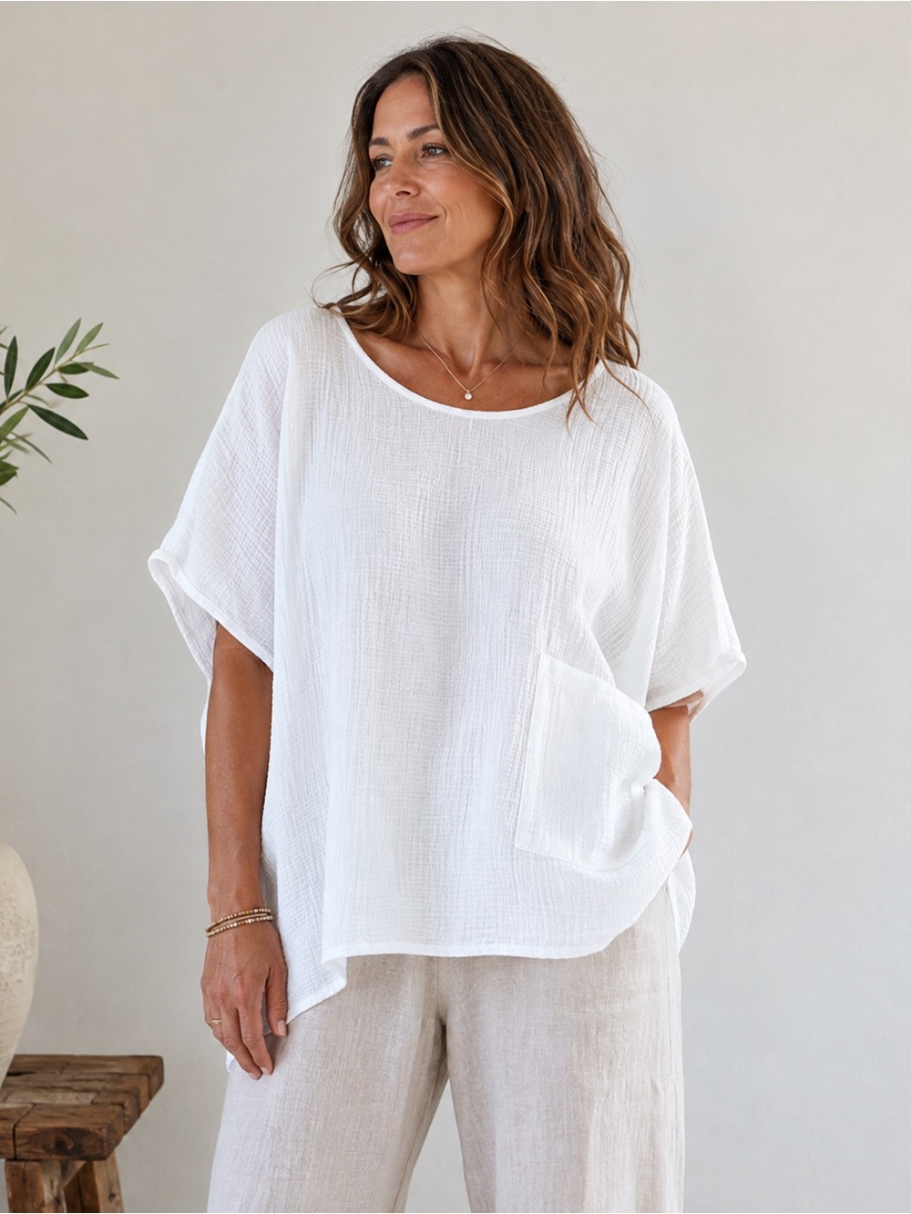 Eileen Fisher White 100% Linen Gauze Blouse Lightweight waffle Textured Top M